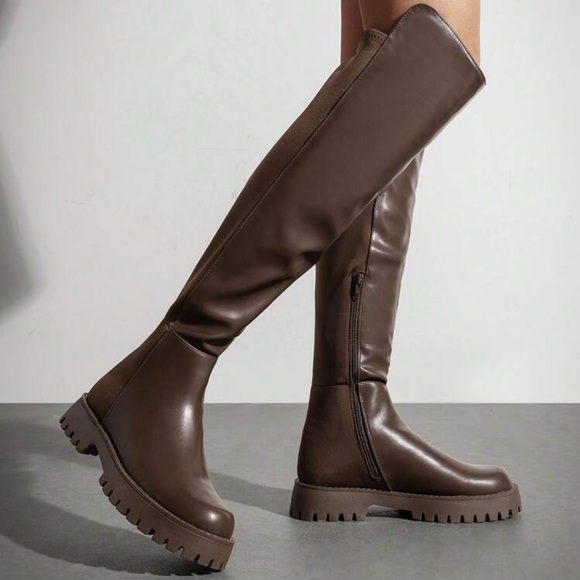 Thickened Flat Knee High Brown Boots - Picture 3 of 8